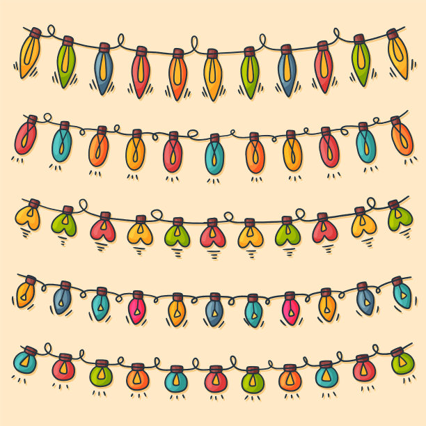 圣诞灯收集手绘，矢量插图。可爱的卡通手绘风格图片下载