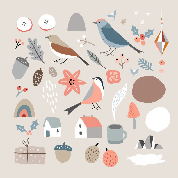 集圣诞斯堪的纳维亚动物和自然元素。鸟类，圣诞装饰品，一品红花和浆果。抽象的有机形状。复古设计。孤立的矢量插图。图片下载