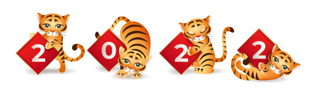 中国的虎年。一组可爱的老虎在不同的姿势与标志2022在白色背景。适合设计儿童服装，贺卡，横幅，海报。矢量图图片下载