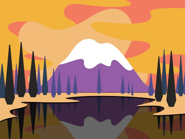 景观有一座山和一个雪峰，翠绿的柏树在湖岸和倒影图片下载