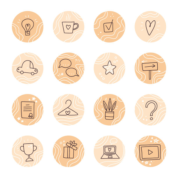 一套故事突出为Instagram封面。问题，视频，答案，礼物，爱，星星，最爱，圆形图标。图片下载