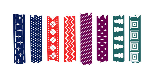 一套丝带，油漆胶带Washi，透明纸。彩色的圣诞丝带，白色的。精美的透明胶带相册装饰。矢量插图设计，树，礼物，雪花。图片下载