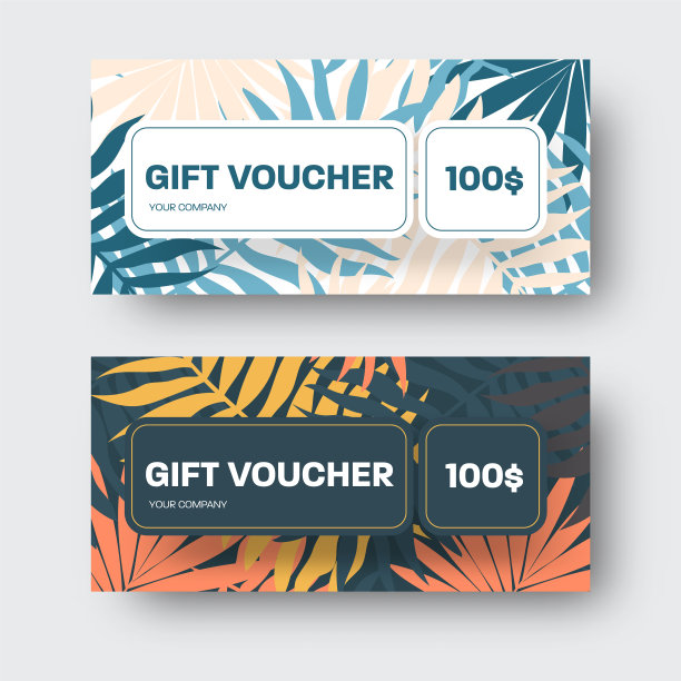 矢量礼券模板，证书与异国情调棕榈叶，热带蓝色，，黄色，橙色树枝。图片下载