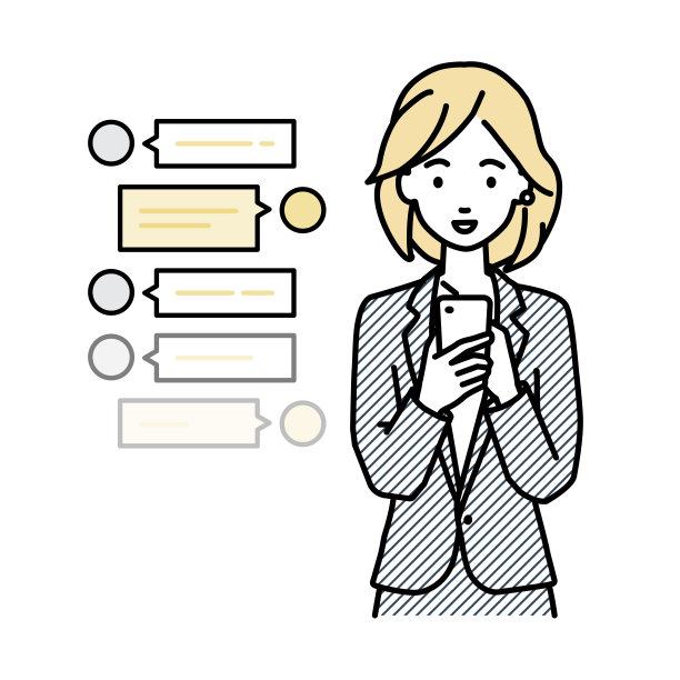 一名身穿西装的女性站在一边看着手里的智能手机，享受着通过社交网络聊天的乐趣图片下载