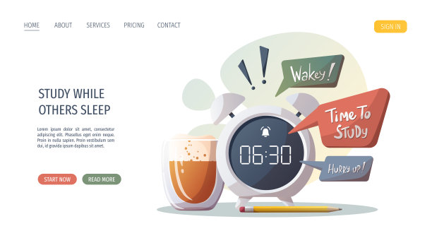 带语音泡泡的闹钟，咖啡杯。学习，教育，学习，学生观念。图片下载