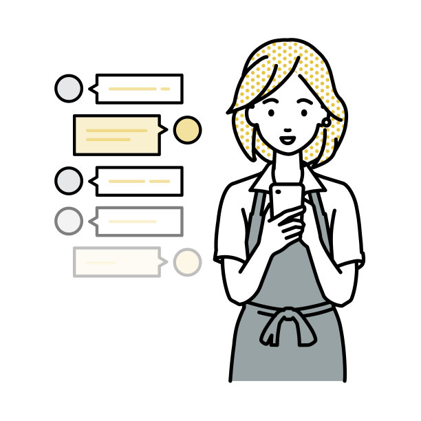 一位穿着咖啡围裙的女士站在那里，看着手里的智能手机，享受着通过社交网络聊天的交流图片下载