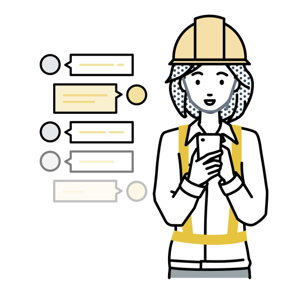 在建设工地工作的一名女性一边站着一边看着手里的智能手机，享受着通过社交网络聊天的乐趣图片下载