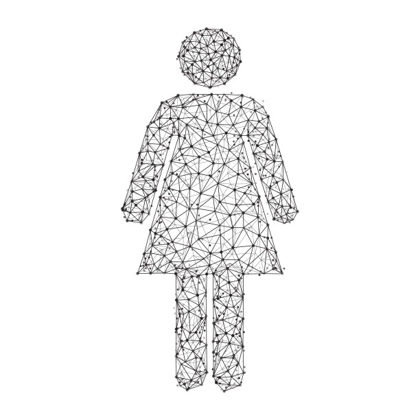 几何多边形形状黑色向量的女性图标。由点、线和低多边形组成的白色背景上的设计形式。图片下载