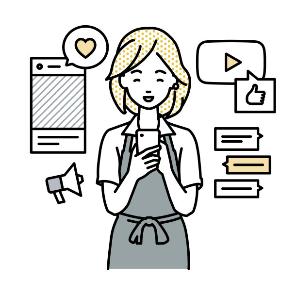 一位身穿咖啡围裙的女士站在一边，看着手里的智能手机，享受着通过各种社交网络和messenger进行交流的乐趣图片下载