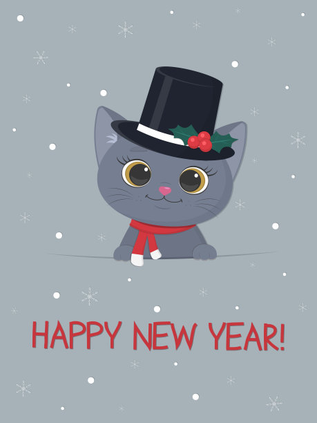 新年快乐和圣诞快乐明信片。可爱的英国小猫，戴着雪人帽，围巾，背景是雪花。卡通，平面风格，矢量。图片下载