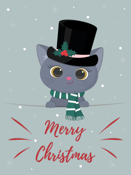 新年快乐和圣诞快乐明信片。可爱的英国小猫，戴着雪人帽，围巾，背景是雪花。卡通，平面风格，矢量。图片下载