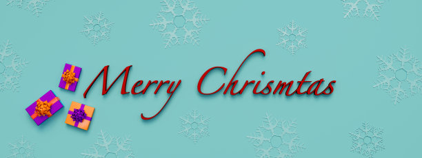在蓝色背景下用红色写着圣诞快乐，上面点缀着可见的浅蓝色雪花。一些彩色的礼品盒旁边的字。图片下载