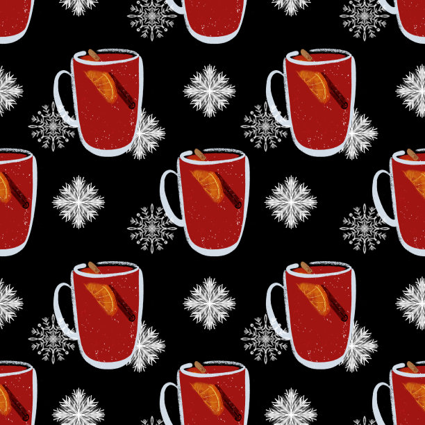 无缝模式与热酒杯和雪花插图上的黑色背景图片下载