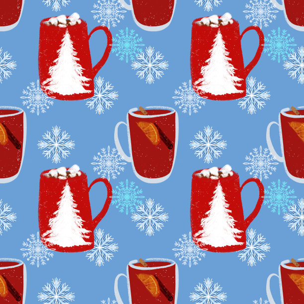 无缝模式与热葡萄酒和热可可与棉花糖雪花插图的蓝色背景图片下载