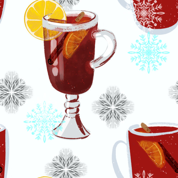 无缝模式与热葡萄酒和雪花插图的白色背景图片下载