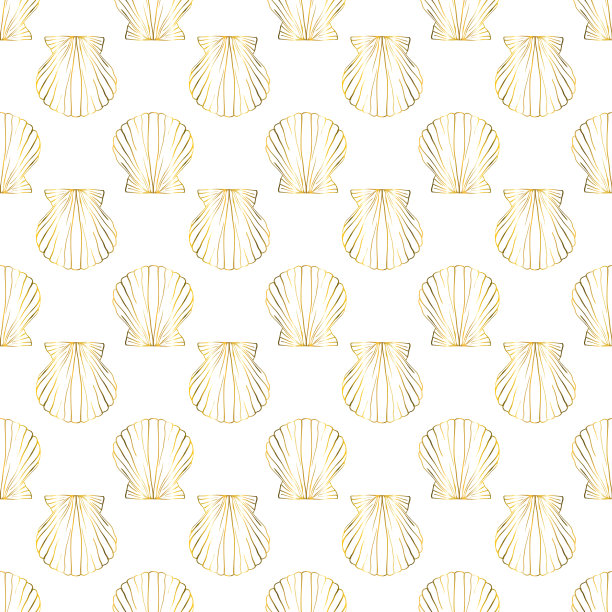 无缝模式上的白色背景与金色海星和贝壳。图片下载