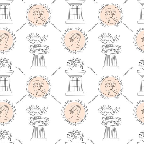 手绘无缝图案与古希腊元素，柱，叶，雕塑画孤立在白色背景上。图片下载