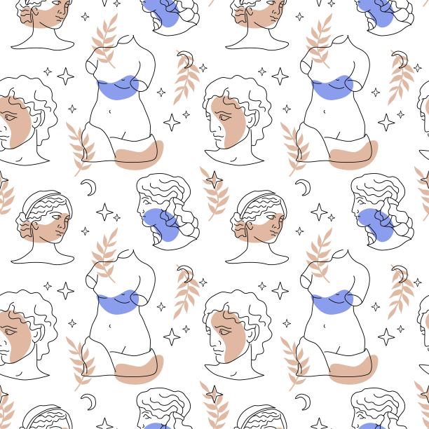 手绘无缝图案与古希腊元素，树叶，雕塑绘画，星孤立在白色背景。图片下载