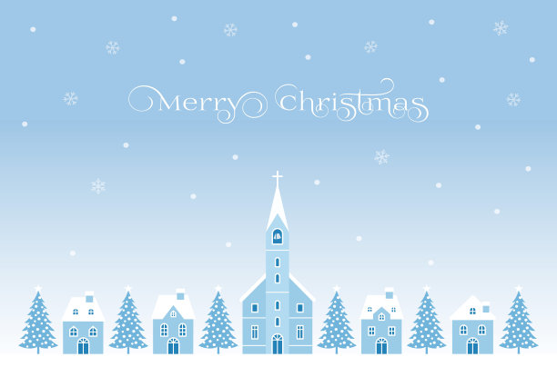 有欧洲房屋、教堂和圣诞树的圣诞卡图片下载
