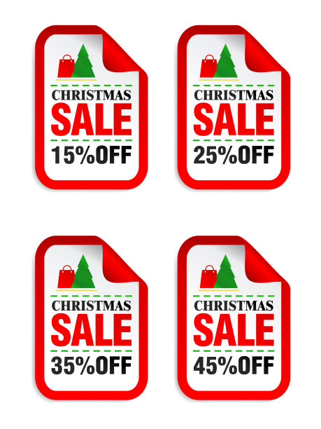 套圣诞节销售贴纸。圣诞节促销15%，25%，35%，45%的折扣。贴纸与购物包装图标，圣诞树图标图片下载