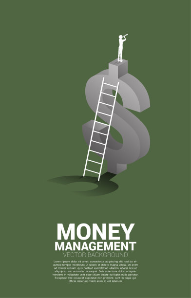 商人的剪影透过望远镜站在3D美元图标与梯子。图片下载