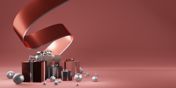 新年和圣诞节背景彩带和礼品盒背景生日和情人节3D插图图片下载
