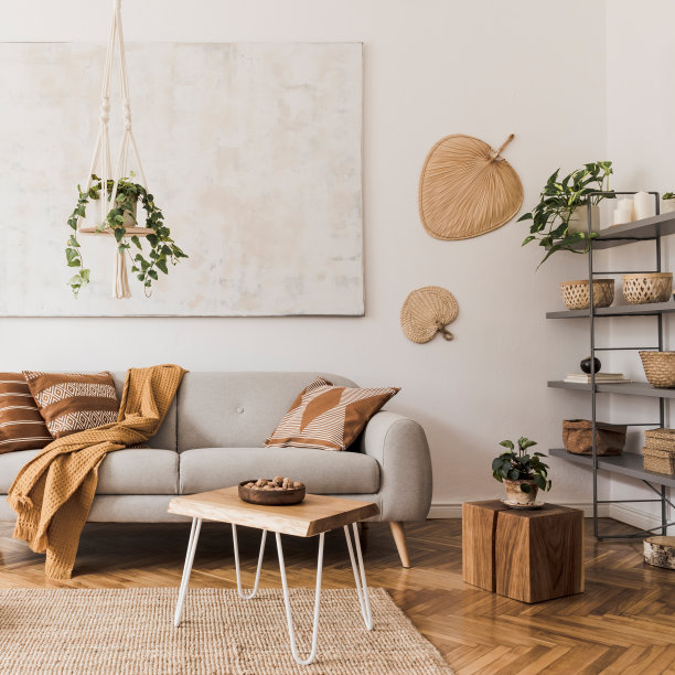 时尚的波西米亚风格的室内开放的房间在舒适的公寓，设计的家具和优雅的个人配件。模板。家居装饰。蜜黄色的概念。图片下载