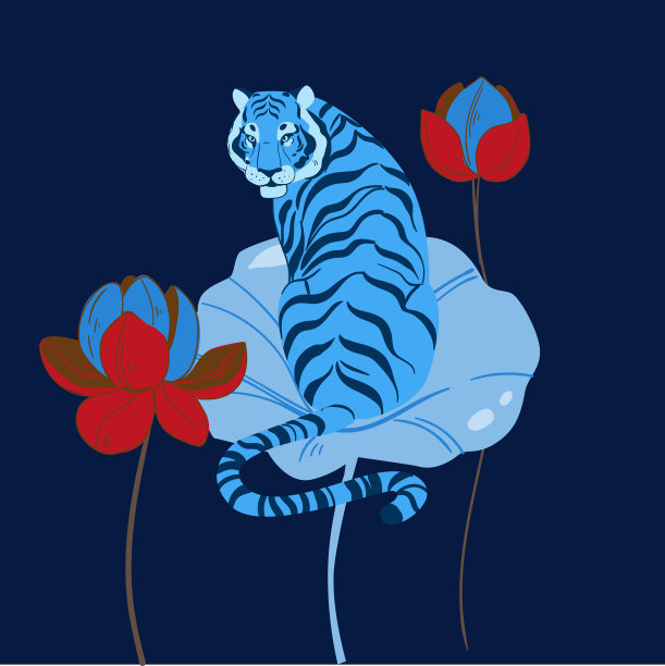蓝色的老虎坐在莲花孤立在白色的背景。矢量老虎侧面视图。濒危动物图片下载