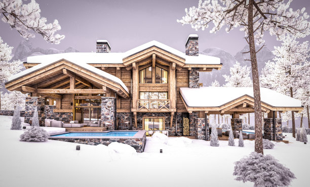 冬日夜晚现代舒适小屋的3d渲染图片下载