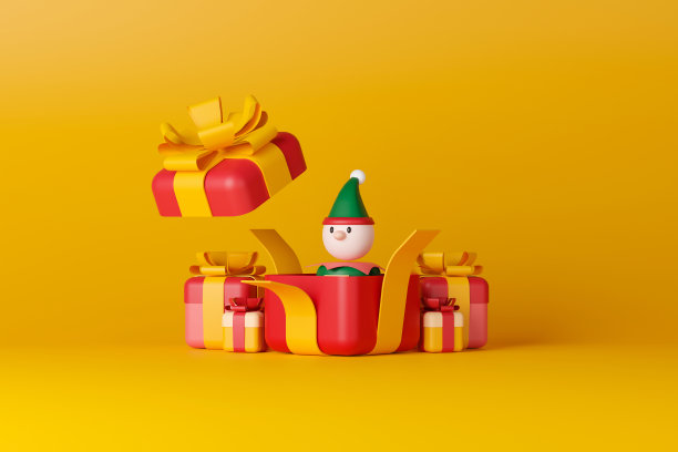3d渲染圣诞精灵在礼品盒。图片下载