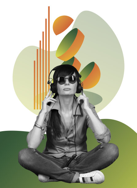 当代艺术拼贴。女孩戴着耳机和太阳镜，听着音乐，背景中抽象的渐变人物图片下载