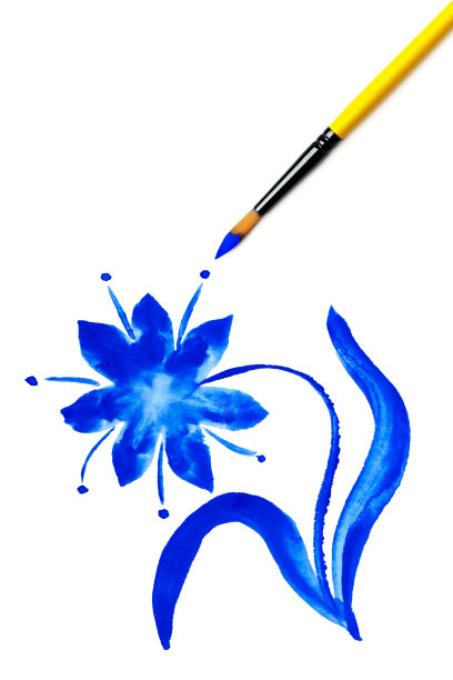 画有蓝色花朵的画笔(在白色上孤立)图片下载