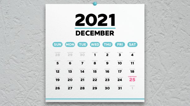 美丽的2021年日历12月页，标有圣诞节日期图片下载