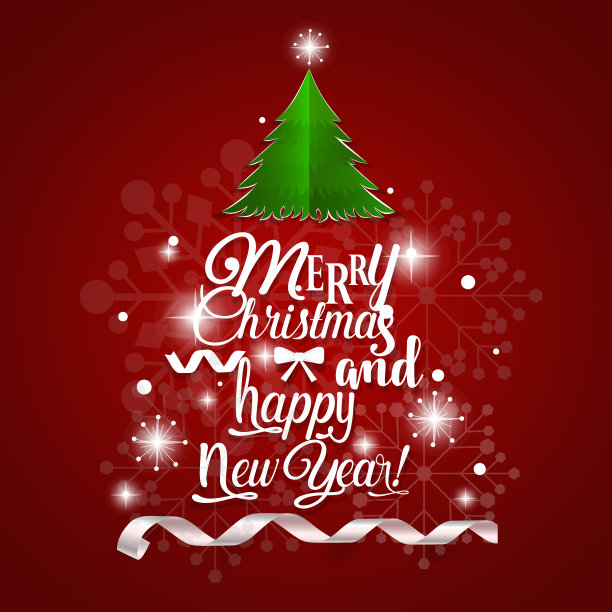 圣诞贺卡。圣诞快乐和新年快乐的字母与圣诞树，矢量插图图片下载