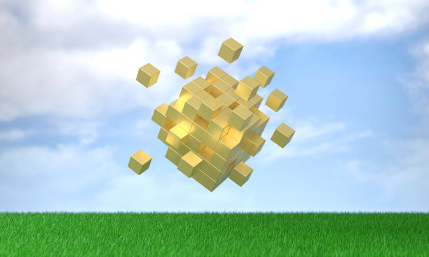 草地上蔚蓝的天空上抽象的金色立方体形状。图片下载