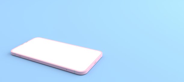 3D效果图粉色智能手机白色屏幕放在蓝色地板上，粉色手机躺在地上。智能手机白屏可用于商业广告，隔离在蓝色背景上图片下载