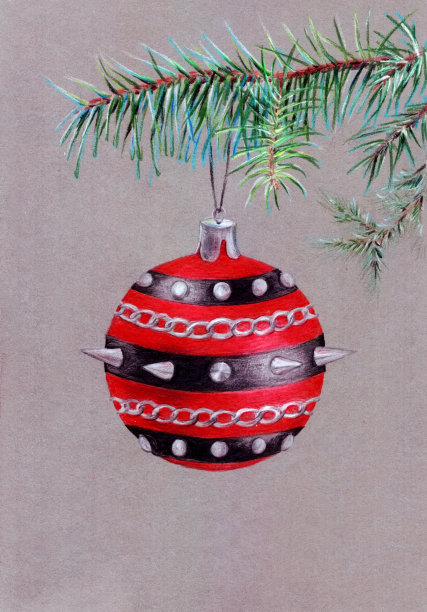 手绘圣诞树装饰球在针枝上，以硬摇滚、重金属、朋克摇滚的音乐风格。贺卡，海报装饰。国际纸张尺寸A4, A5。图片下载