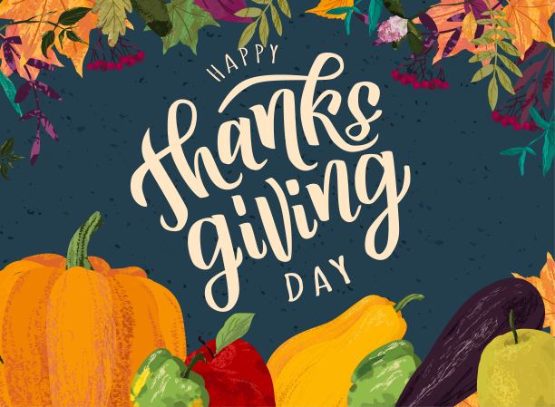 感恩节手写文字与南瓜和秋天décor。秋天的邀请传单，丰收庆典的卡片模板。矢量剪贴画蒙版下。徒手画的插图。图片下载