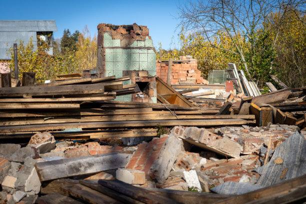 一张旧红砖建筑废墟的照片，背景是街上的垃圾，垃圾和垃圾图片下载
