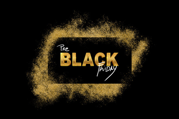 Pre黑色星期五标志与闪闪发光的金色框架在黑色图片下载