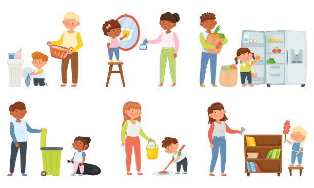 卡通儿童帮助做家务，父母带着孩子打扫房子。家人在洗衣服，拖地，拿出垃圾向量集图片下载