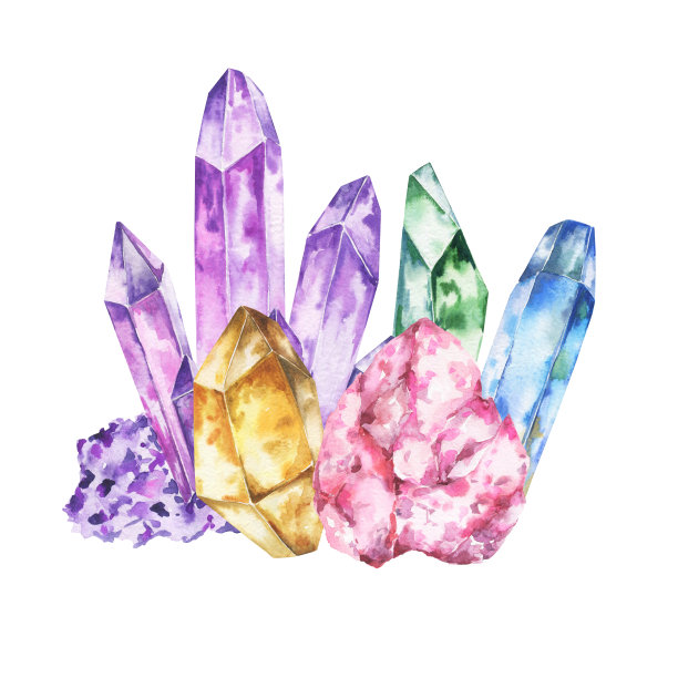 水彩水晶宝石组成的白色背景。波西米亚风格的水彩画插图。图片下载