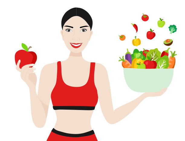 美丽健康的女人手持水果和蔬菜碗矢量插图。保持健康的概念背景图片下载