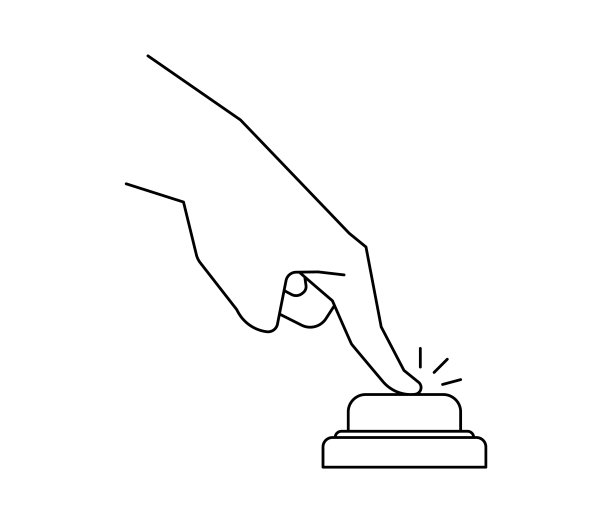 女性的手，主动按下红色的大按钮。简单的线性插图跟踪行动或设置警报。协助或警告横幅和网站概念。图片下载