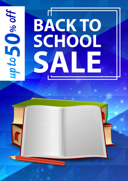 返校销售，蓝色竖网横幅配学校课本和笔记本图片下载