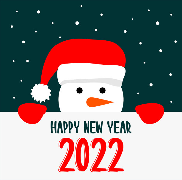 2022年新年快乐贺卡。戴着红色圣诞帽和手套的雪人从海报后面向外看，海报上写着新年祝福和红色数字2022图片下载