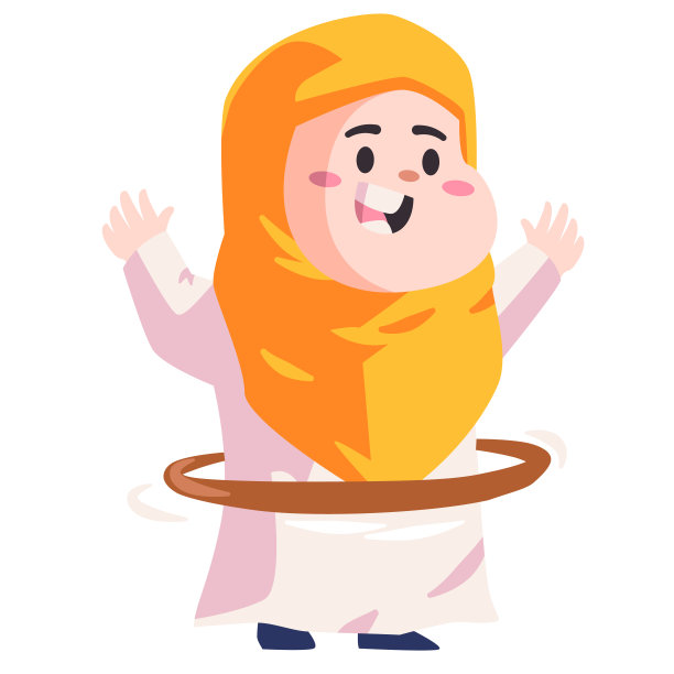 穆斯林可爱的女孩与黄色的希贾布正在玩呼啦圈现代卡通色彩孤立的背景矢量插图图片下载