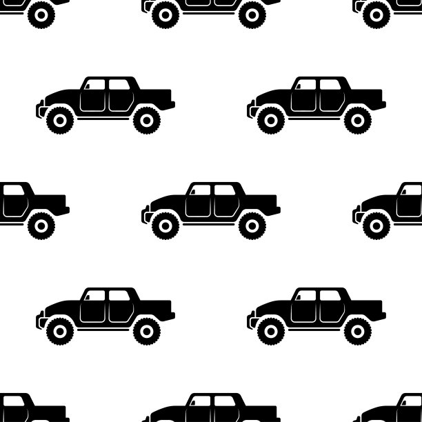 黑色的大型越野车被隔离在白色背景下。可爱的单色汽车无缝图案。矢量简单的平面图形插图。纹理。图片下载