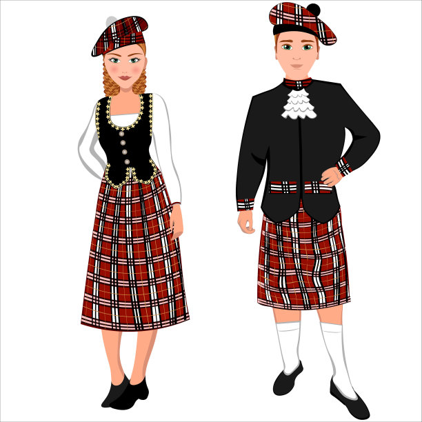 穿着苏格兰民族服装的男女。矢量图图片下载