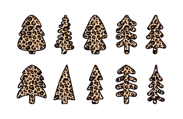 矢量可爱手绘豹纹纹理圣诞树集。涂鸦云杉风格的野生动物猎豹皮肤，抽象的leo冷杉剪影图标集合。新年象征印刷和装饰图片下载